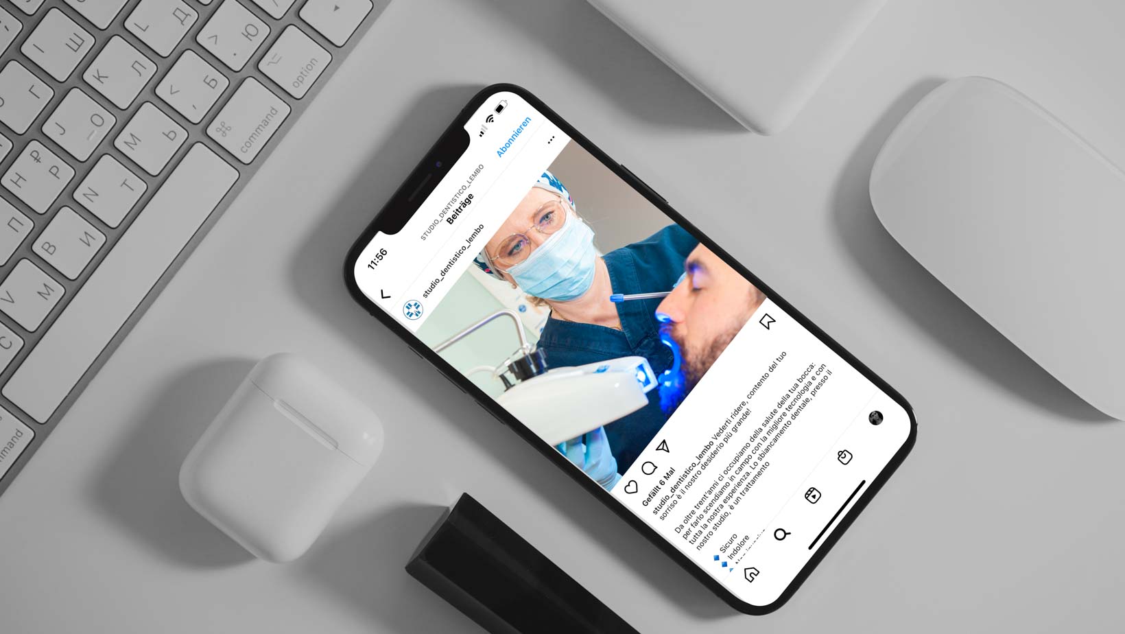 Smartphone con profilo Instagram di un dentista